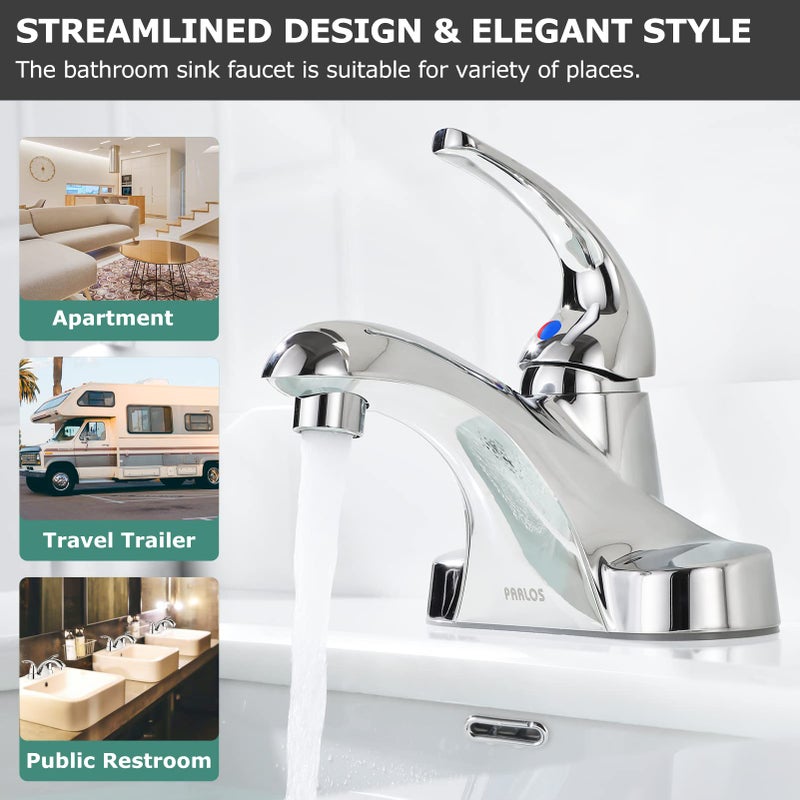 PARLOS Single Handle Mid Arc Centerset Bathroom Sink Faucet with Metal Drain Assembly and cUPC Faucet Supply Lines, Lead-Free, Chrome 13433 - Image 3